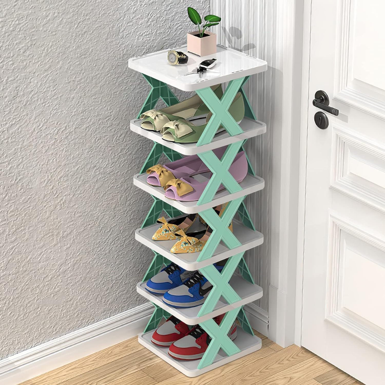 QONETIC 6 Layer Shoe Rack for Home Plastic, Adjustable Stand Organizer Stackable Storage Bedroom Entryway Shelf Footwear Collapsible Corner Tower Shoes and Book Slots Rack (6-Layer Box)